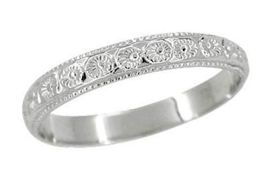 Art Deco Millgrain Flowers Wedding Ring in 14 Karat White Gold