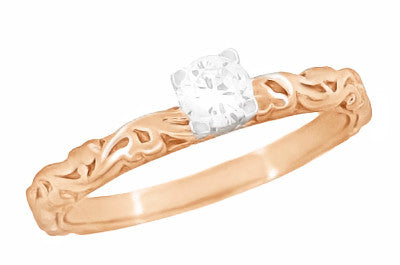 Art Deco 14 Karat Rose Gold Sculptural Scrolls White Sapphire Solitaire Engagement Ring - Item: R639RWS - Image: 2