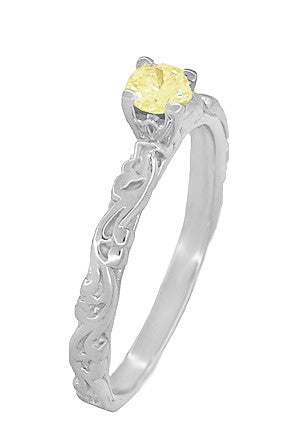 Art Deco Scrolls Fancy Yellow Diamond Engagement Ring in 14 Karat White Gold - Item: R639WYD - Image: 3