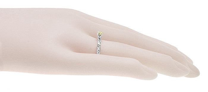 Art Deco Scrolls Fancy Yellow Diamond Engagement Ring in 14 Karat White Gold - Item: R639WYD - Image: 7