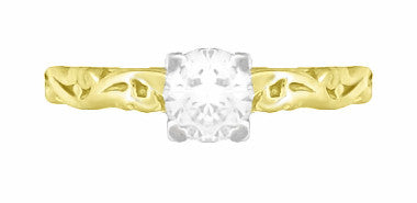 Yellow Gold Art Deco Scrolls Vintage Style Solitaire White Sapphire Engagement Ring - Item: R639YWS - Image: 5