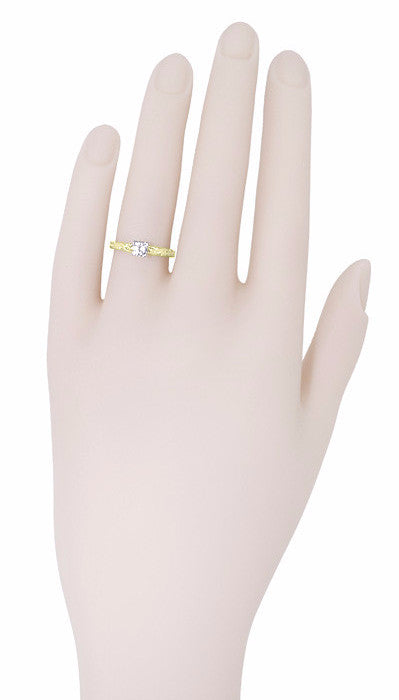 Yellow Gold Art Deco Scrolls Vintage Style Solitaire White Sapphire Engagement Ring - Item: R639YWS - Image: 6