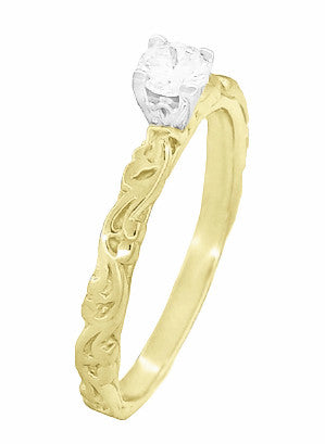 Yellow Gold Art Deco Scrolls Vintage Style Solitaire White Sapphire Engagement Ring - Item: R639YWS - Image: 2