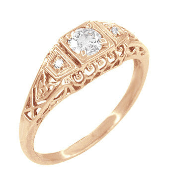 Art Deco Filigree Diamond Engagement Ring in 14 Karat Rose ( Pink ) Gold - Item: R640R - Image: 2
