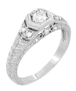 Filigree Engraved Hexagon Art Deco 1/4 Carat Diamond Engagement Ring in 14 Karat White Gold | Low Profile Engagement