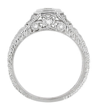 Filigree Engraved Hexagon Art Deco 1/4 Carat Diamond Engagement Ring in 14 Karat White Gold | Low Profile Engagement - Item: R646-LC - Image: 4