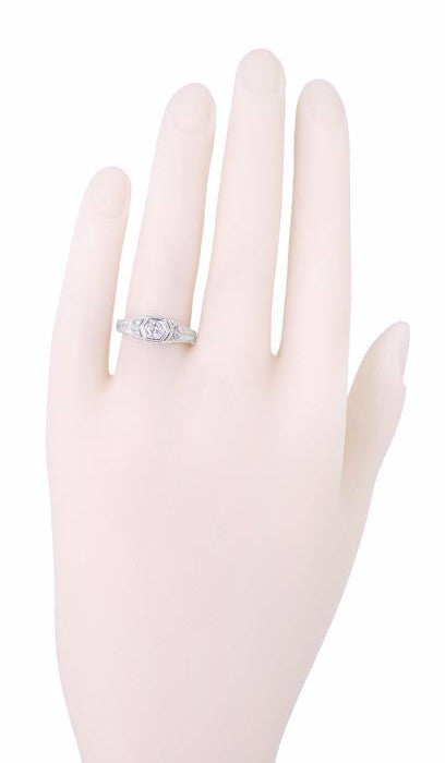 Filigree Engraved Hexagon Art Deco 1/4 Carat Diamond Engagement Ring in 14 Karat White Gold | Low Profile Engagement - Item: R646-LC - Image: 5