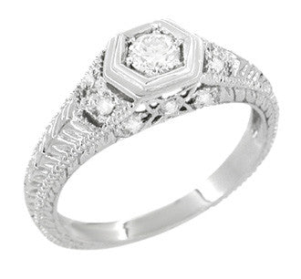 Filigree Engraved Hexagon Art Deco 1/4 Carat Diamond Engagement Ring in 14 Karat White Gold | Low Profile Engagement - Item: R646-LC - Image: 3