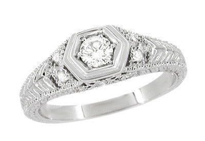 Filigree Engraved Hexagon Art Deco 1/4 Carat Diamond Engagement Ring in 14 Karat White Gold | Low Profile Engagement - Item: R646-LC - Image: 2