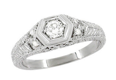 Platinum Art Deco Engraved Filigree Hexagon Shape Vintage Diamond Engagement Ring - Low Profile - R646P