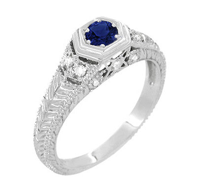 Art Deco Filigree Sapphire and Diamond Engagement Ring in 14 Karat White Gold | Antique Inspired Low Profile Ring - Item: R646W14S - Image: 3