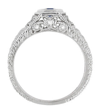 Art Deco Filigree Sapphire and Diamond Engagement Ring in 14 Karat White Gold | Antique Inspired Low Profile Ring - Item: R646W14S - Image: 4