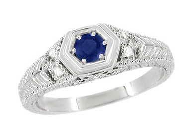 Art Deco Filigree Sapphire and Diamond Engagement Ring in 14 Karat White Gold | Antique Inspired Low Profile Ring - alternate view