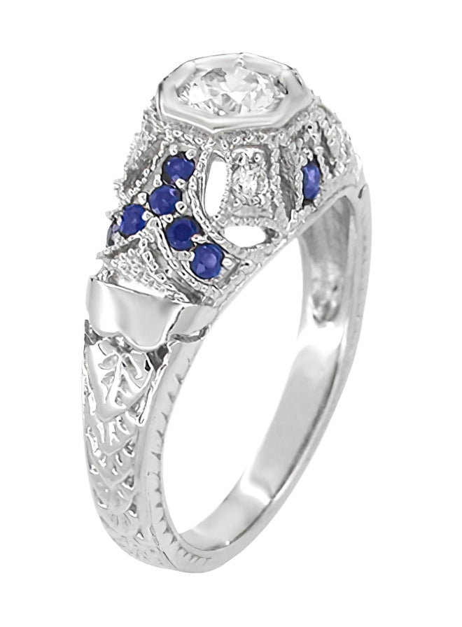 Art Deco Filigree Vintage Inspired Diamond Engagement Ring with Side Sapphires in 14 Karat White Gold - Item: R647 - Image: 2