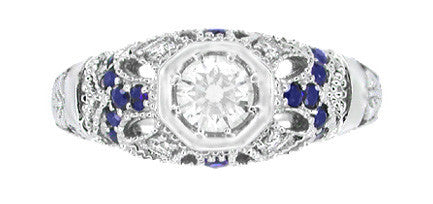 Art Deco Filigree Vintage Inspired Diamond Engagement Ring with Side Sapphires in 14 Karat White Gold - Item: R647 - Image: 4