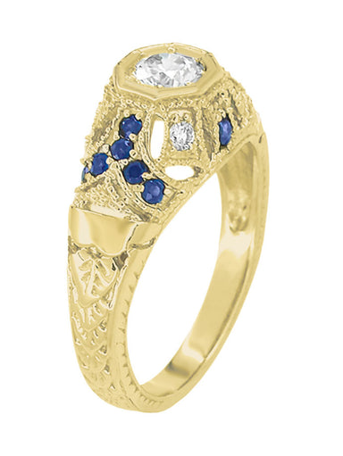 Antique Style Yellow Gold Art Deco Dome Filigree Diamond Engagement Ring with Side Blue Sapphires - alternate view