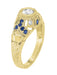 Antique Style Yellow Gold Art Deco Dome Filigree Diamond Engagement Ring with Side Blue Sapphires