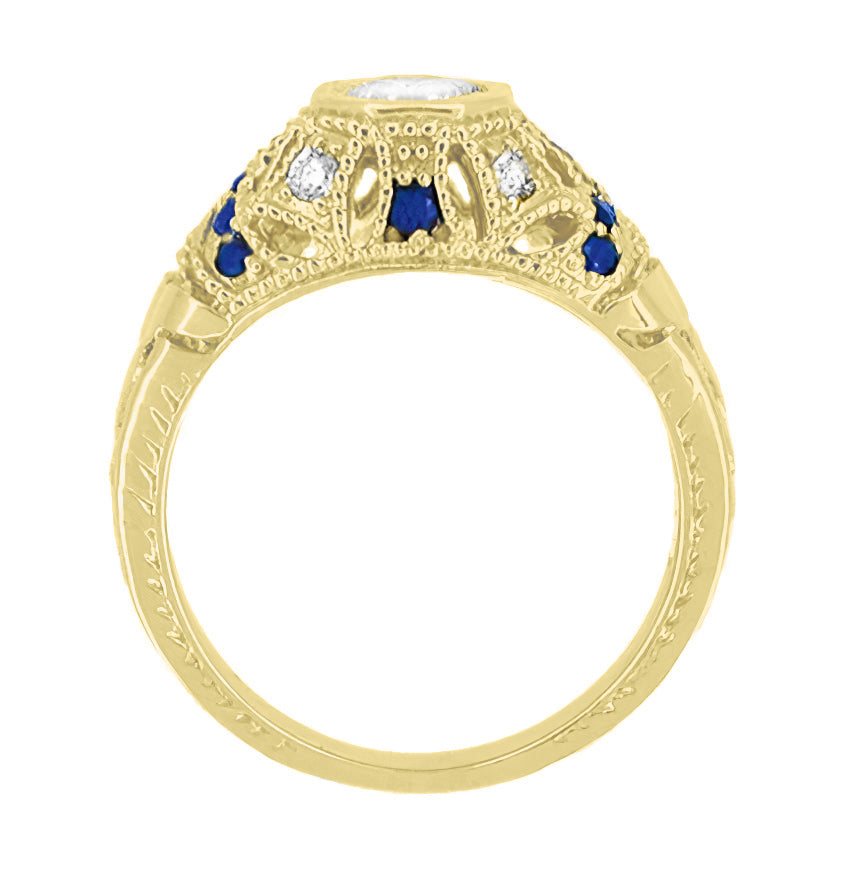 Antique Style Yellow Gold Art Deco Dome Filigree Diamond Engagement Ring with Side Blue Sapphires - Item: R647Y - Image: 3
