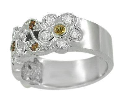 Spessartite Garnet and White Diamond Floral Wedding Band in 14 Karat White Gold - Item: R649 - Image: 2