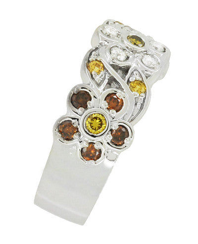 1960's Style Cocoa Brown Diamond, Yellow Diamond, and White Diamond Floral Wedding Band in 14K White Gold - Item: R649WD - Image: 3