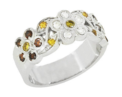 1960's Style Cocoa Brown Diamond, Yellow Diamond, and White Diamond Floral Wedding Band in 14K White Gold - Item: R649WD - Image: 2