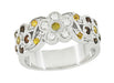 1960's Style Cocoa Brown Diamond, Yellow Diamond, and White Diamond Floral Wedding Band in 14K White Gold