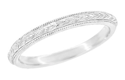 Art Deco Hand Engraved Wheat Millgrain Wedding Band in White Gold - 2.5mm Wide