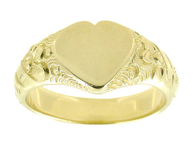 Victorian Heart Shape Scrolls and Flowers Heavy Signet Ring in 14K Yellow Gold For a Man - alternate view