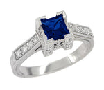 Art Deco 3/4 Carat Princess Cut Sapphire and Diamond Engagement Ring in Platinum