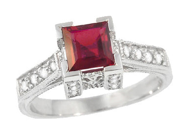 Art Deco Square Ruby and Side Diamond Vintage Engagement Ring in 18K White Gold