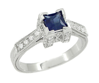 Square Blue Sapphire Engagement Ring in Platinum Art Deco Antique Setting with Side Diamonds R661SP