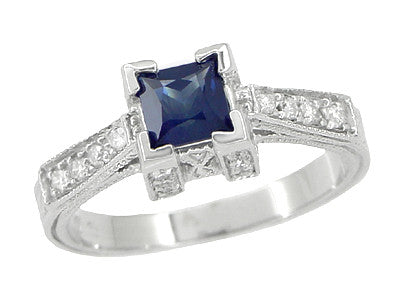 Square Princess Cut Sapphire Engagement Ring With Castle Setting and Side Diamonds in Platinum Art Deco Vintage Design - R661SP