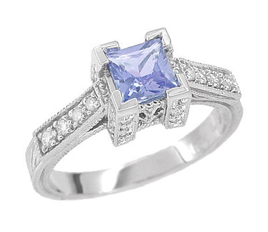 Art Deco 1/2 Carat Princess Cut Lilac Tanzanite and Diamond Engagement Ring in 18 Karat White Gold