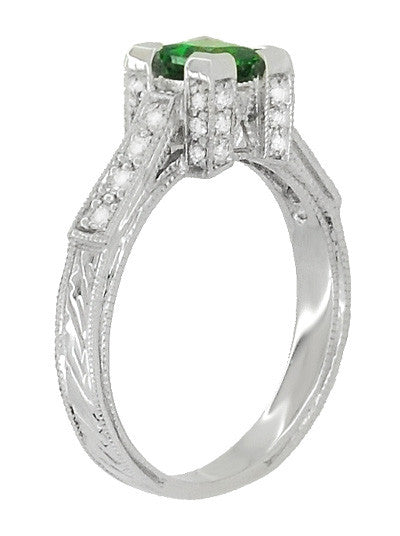 Art Deco 0.68 Carat Princess Cut Tsavorite Garnet and Diamond Engagement Ring in 18 Karat White Gold - Item: R661TS - Image: 3