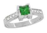 Art Deco 0.68 Carat Princess Cut Tsavorite Garnet and Diamond Engagement Ring in 18 Karat White Gold