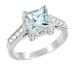 Art Deco 3/4 Carat Princess Cut Aquamarine Castle Engagement Ring in 18K White Gold with Diamonds