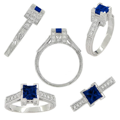 1920's Vintage Inspired Princess Cut Square Blue Sapphire Engagement Ring in 18K White Gold | 3/4 Carat - alternate view