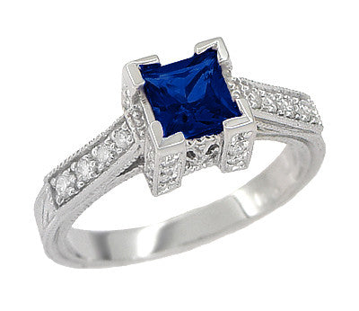 1920s Vintage Princess Cut Square Blue Sapphire Engagement Ring in