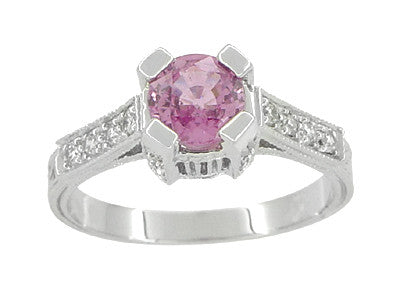 Art Deco Pink Sapphire Castle Engagement Ring in 18 Karat White Gold - Item: R663PS - Image: 2