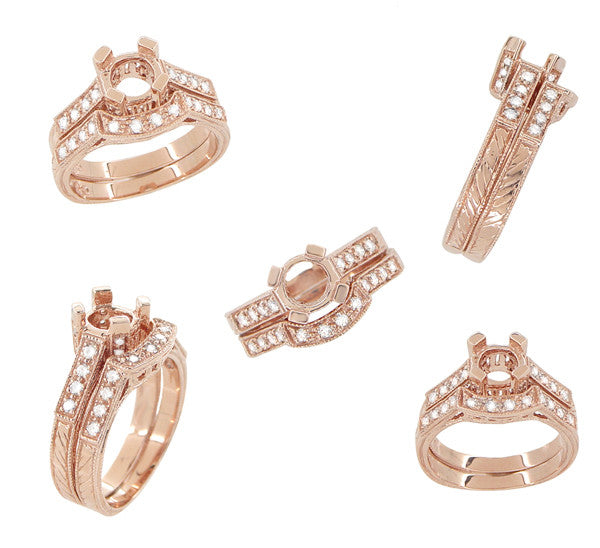 Art Deco 3/4 Carat Diamond Filigree Citadel Engagement Ring Semimount in 14 Karat Rose Gold - Item: R663R - Image: 7