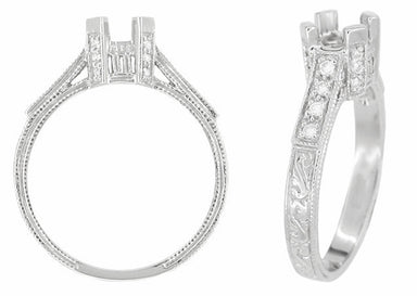 Art Deco Engraved Filigree Citadel Castle 1 Carat Diamond Engagement Ring Mounting in White Gold - alternate view