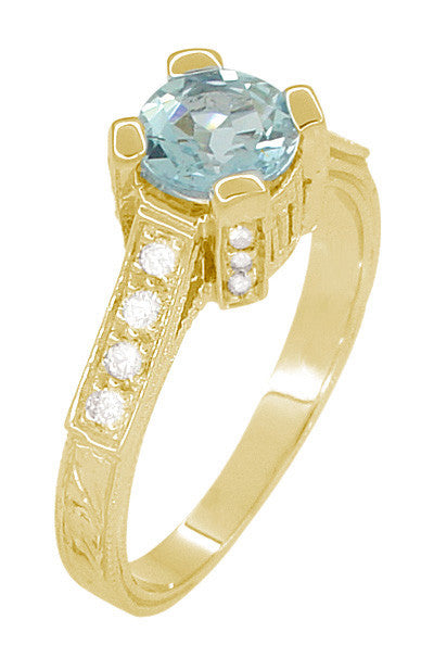 Art Deco Engraved Yellow Gold Filigree Castle 1 Carat Aquamarine Engagement Ring with Side Diamonds - Item: R664Y14A - Image: 3