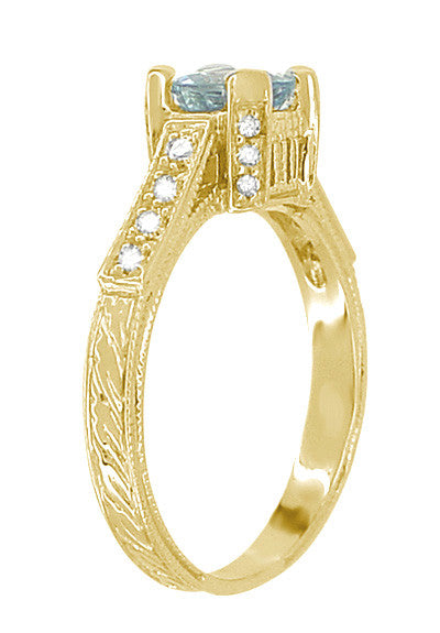 Art Deco Engraved Yellow Gold Filigree Castle 1 Carat Aquamarine Engagement Ring with Side Diamonds - Item: R664Y14A - Image: 4
