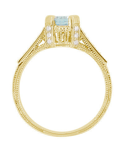 Art Deco Engraved Yellow Gold Filigree Castle 1 Carat Aquamarine Engagement Ring with Side Diamonds - Item: R664Y14A - Image: 6