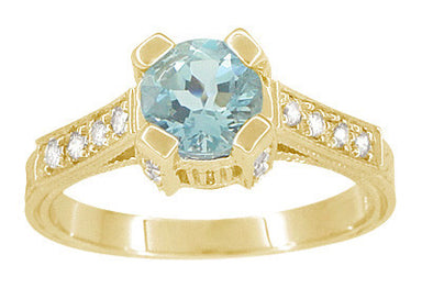 Art Deco Engraved Yellow Gold Filigree Castle 1 Carat Aquamarine Engagement Ring with Side Diamonds - alternate view