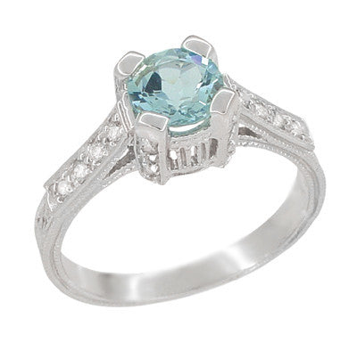 Art Deco Castle 3/4 Carat Aquamarine Engagement Ring in Platinum - Item: R665A - Image: 2