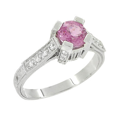 Art Deco 1 Carat Pink Sapphire Engraved Castle Engagement Ring in Platinum - Item: R665PS - Image: 3