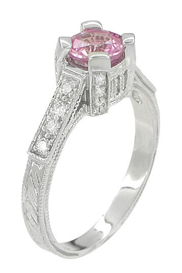 Art Deco 1 Carat Pink Sapphire Engraved Castle Engagement Ring in Platinum - Item: R665PS - Image: 4