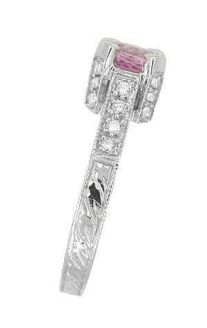 Art Deco 1 Carat Pink Sapphire Engraved Castle Engagement Ring in Platinum - Item: R665PS - Image: 5