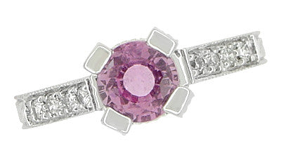 Art Deco 1 Carat Pink Sapphire Engraved Castle Engagement Ring in Platinum - Item: R665PS - Image: 7